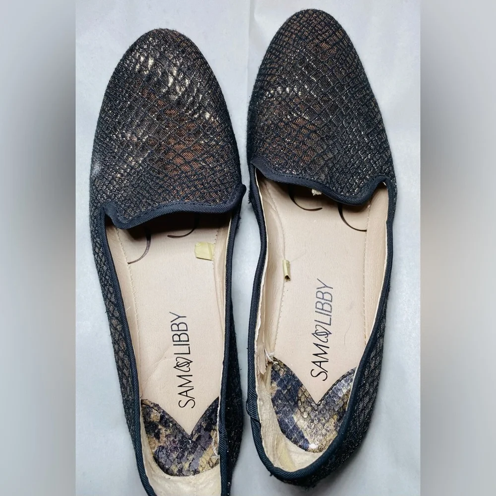SAM & LIBBY Gold Black Studded Slip On Flats Glittery Fabric Womens Shoes‎ , 8